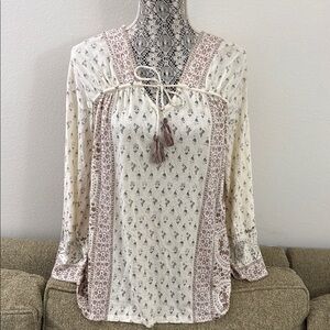 Lucky Brand Cream and Tan Cuffed Sleeve Blouse